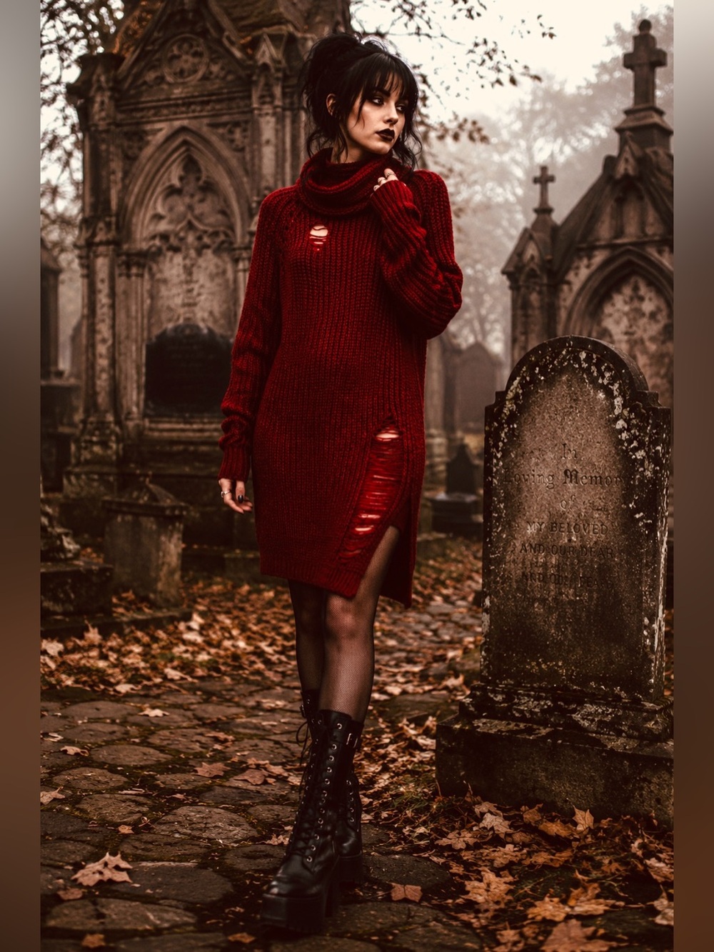 Killstar Sweet Six Blood Red Distressed Sweater Dress L Goth Grunge Witchy